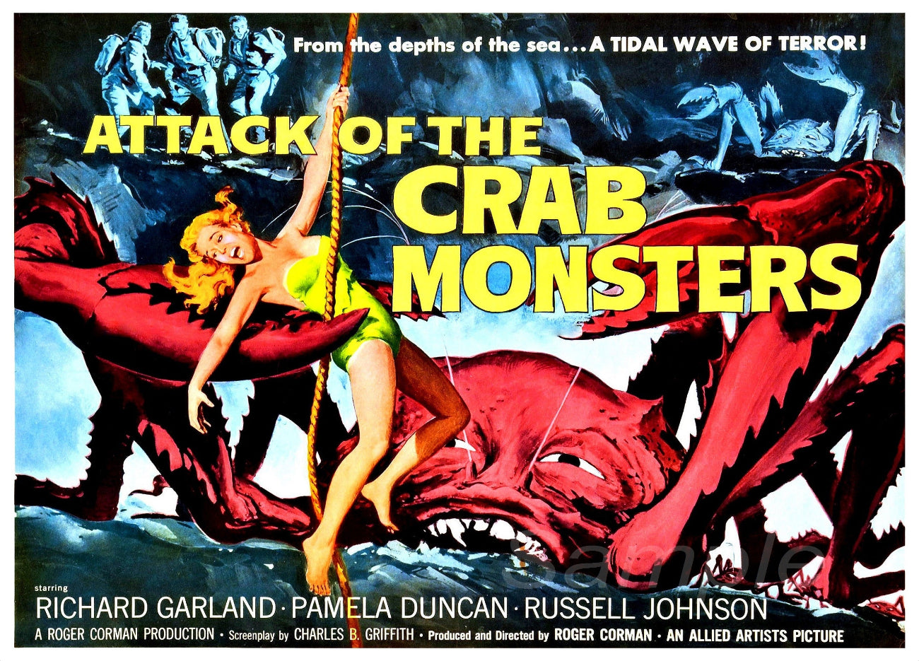 Vintage movie poster for 'Attack of the Crab Monsters' featuring a scared woman hanging from a rope with a background of red-colored crabs and a stormy sea.