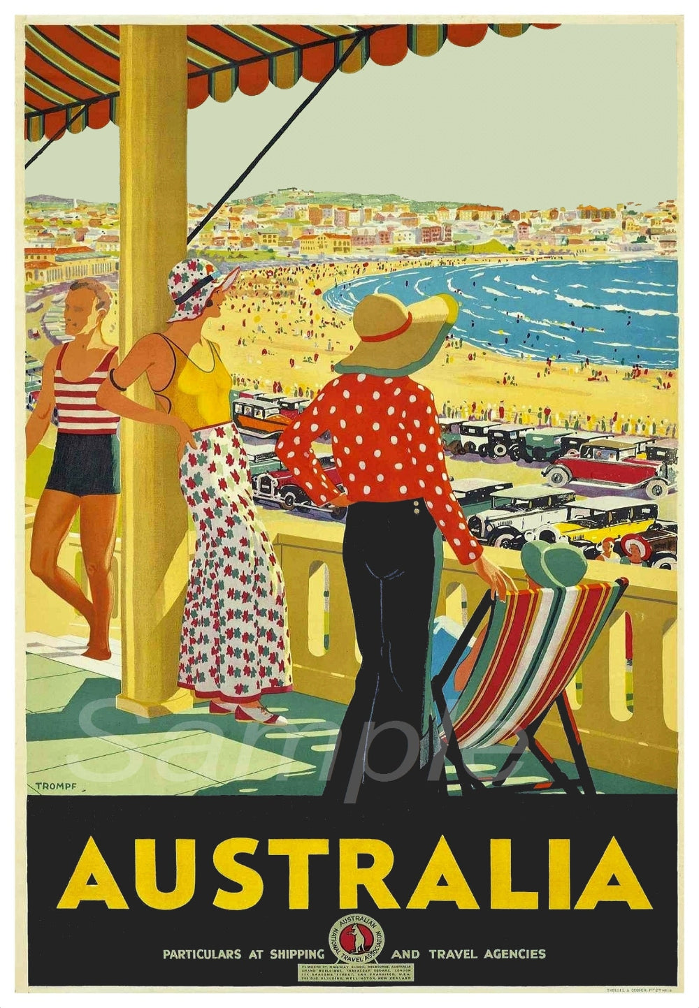 Vintage-style travel poster for Australia featuring people at a beach.