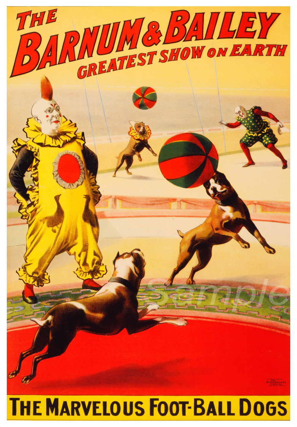 Vintage-style poster for Barnum & Bailey circus featuring clowns and dogs with a ball.