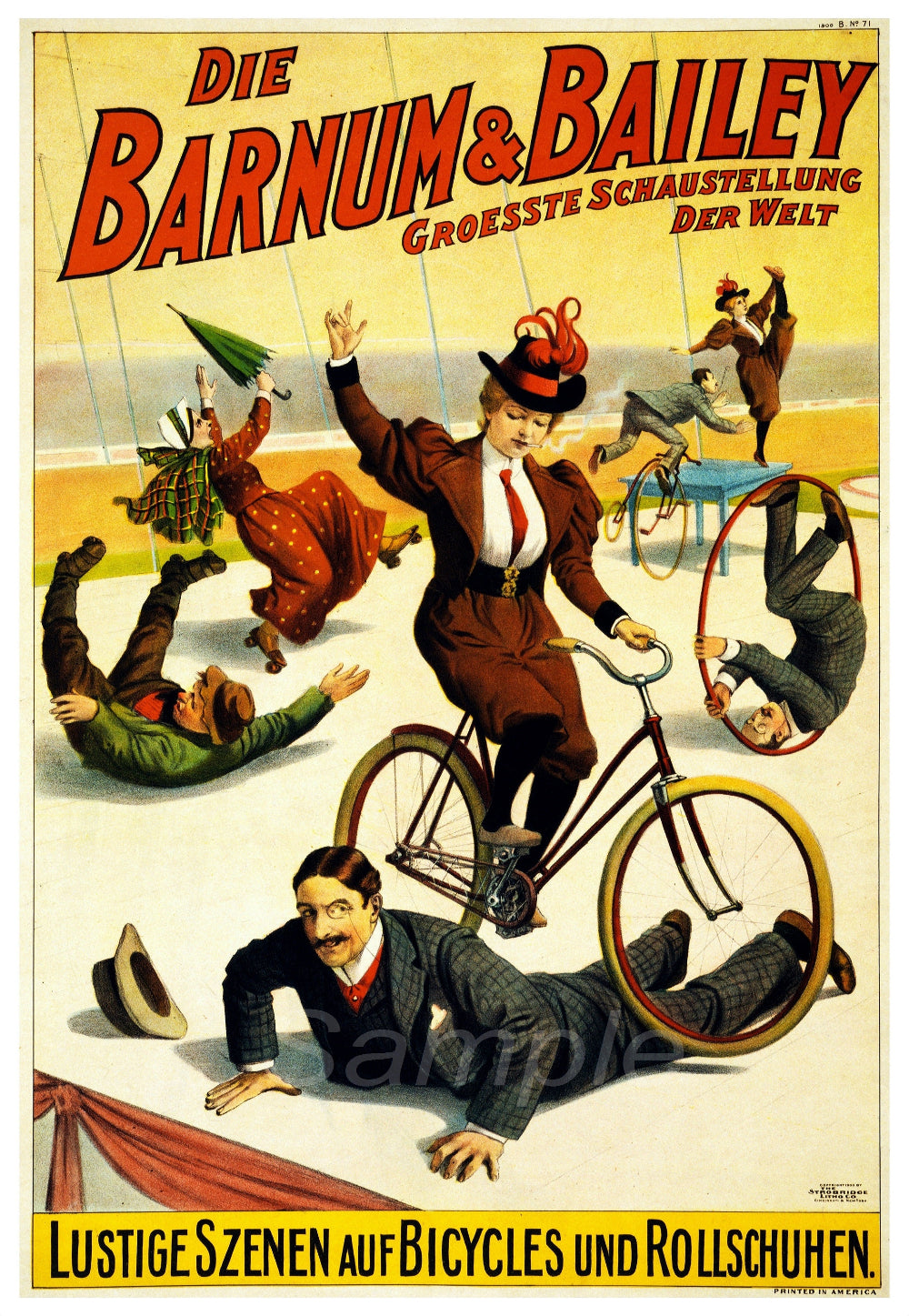 Vintage advertising poster for Barnum & Bailey featuring circus performers on bicycles and the text 'Die Baum & Bailey Groässe-Schau'ställen'.