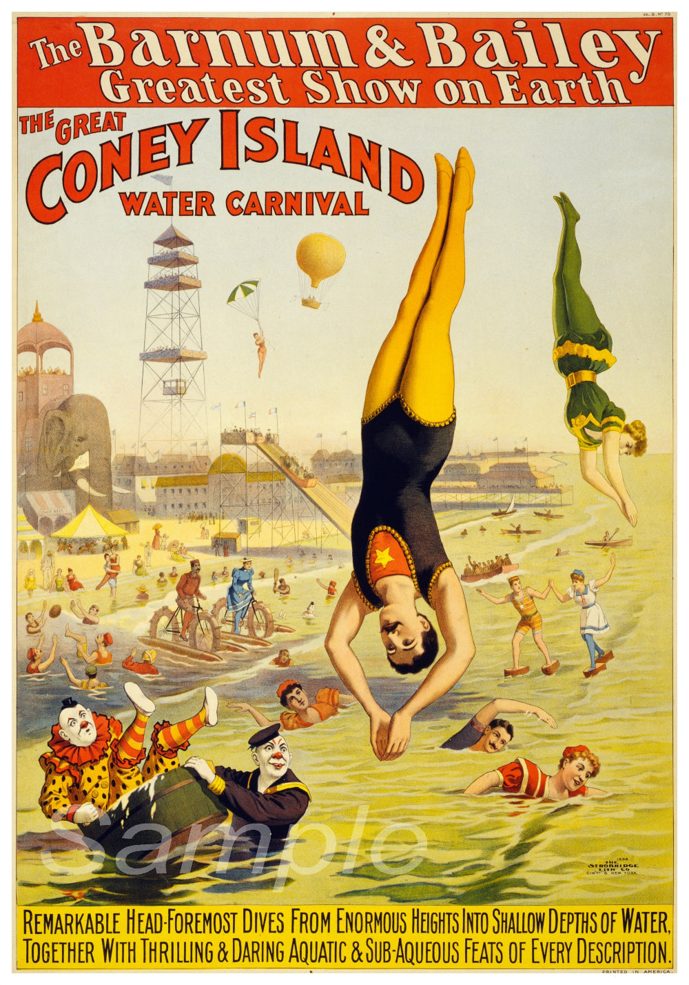 A vintage advertising poster print for Barnum and Bailey Coney Island Water Carnival featuring illustrated images of people engaging in carnival activities and a circus performer high-diving into water.