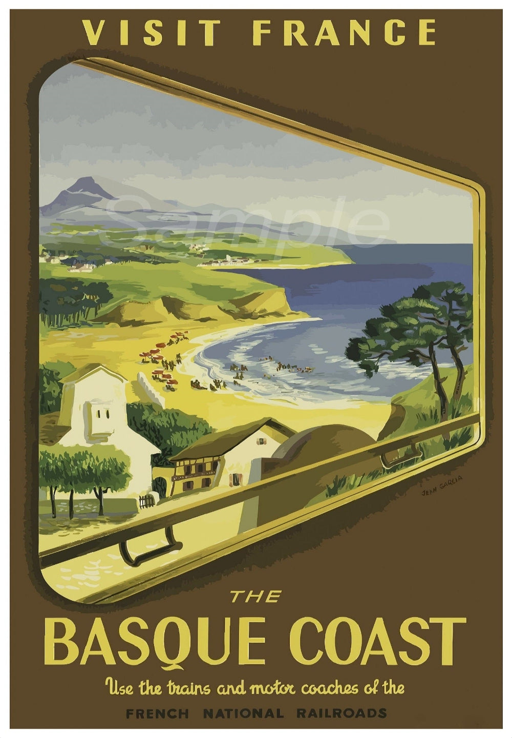 A vintage style railway poster print depicting the Basque Coast in France, with a scenic view of the coast, hills, and a village.