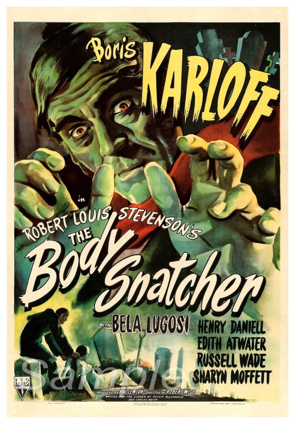 Vintage style movie poster for 'The Body Snatcher' featuring a black and white image with text and a figure reaching out.