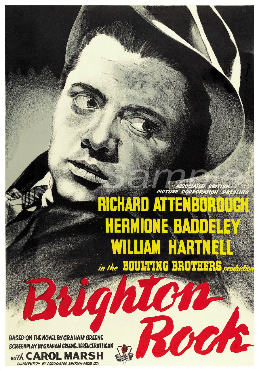 Vintage movie poster for 'Brighton Rock' featuring a close-up of a man's face and text about the film.