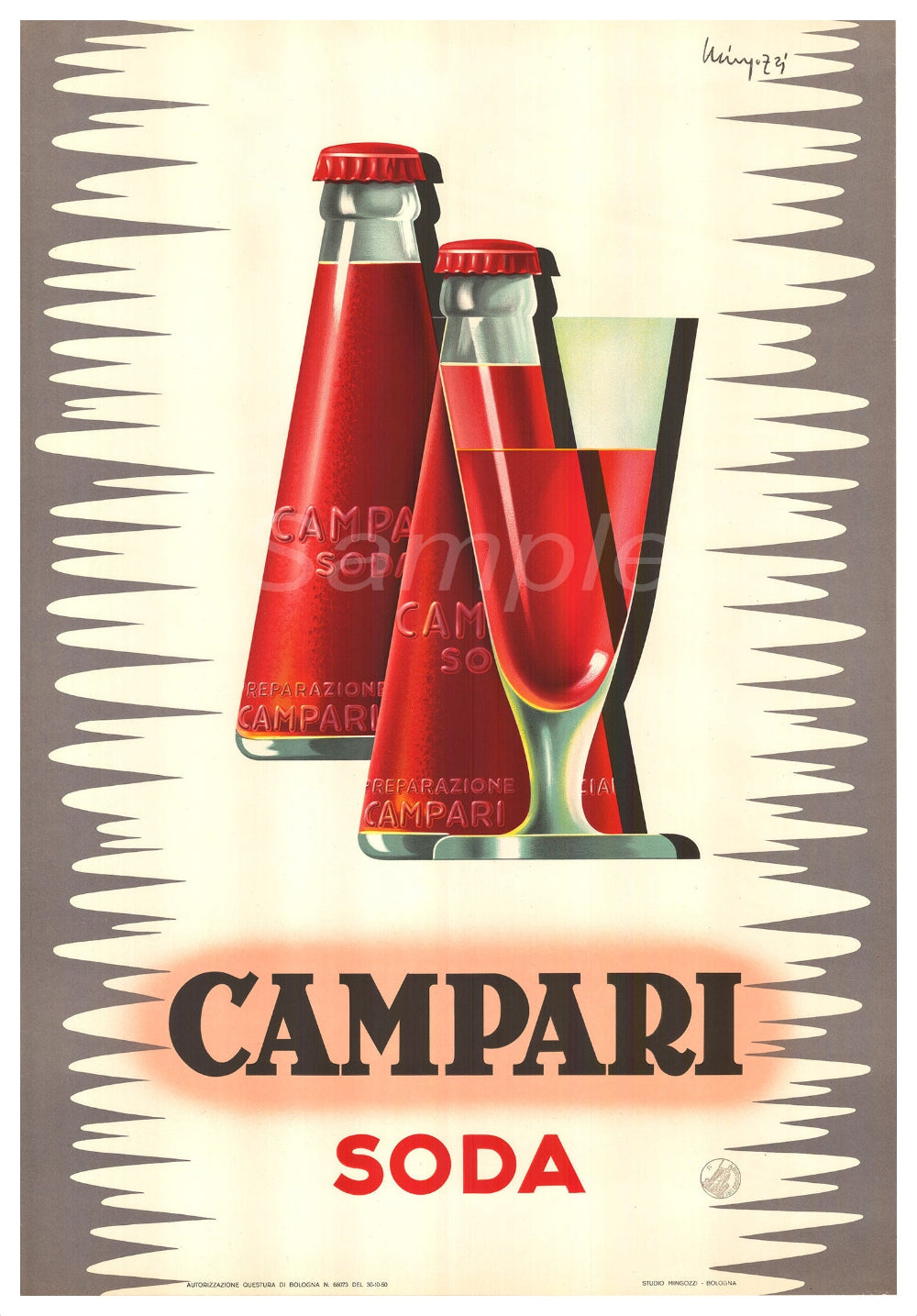 Vintage Campari Soda advertisement with bottles and glass on a beige background