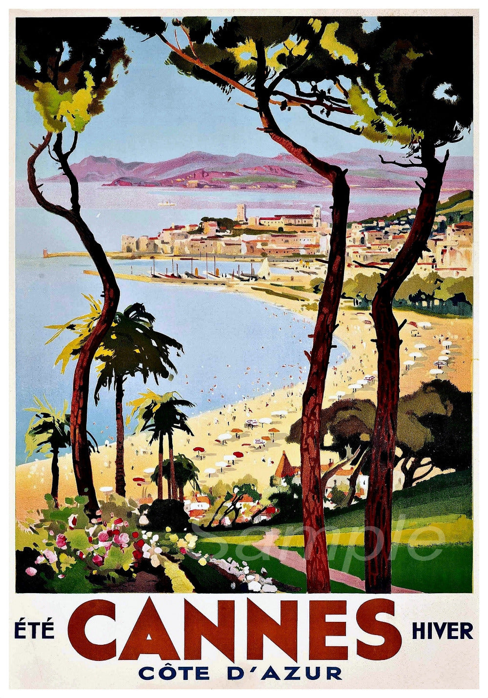 A vintage travel poster depicting Cannes Cote D'Azur France, with an artistic representation of the beach and cityscape, titled 'Eté Cannes Hiver'.