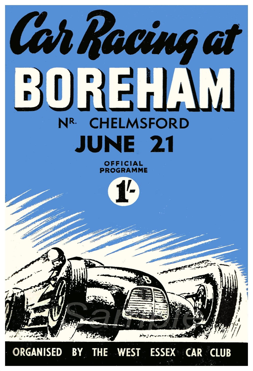 Vintage style poster for car racing event at Boreham, featuring graphic elements like racing cars and the text 'Car Racing at Boreham NR. Chelmsford June 21st'.