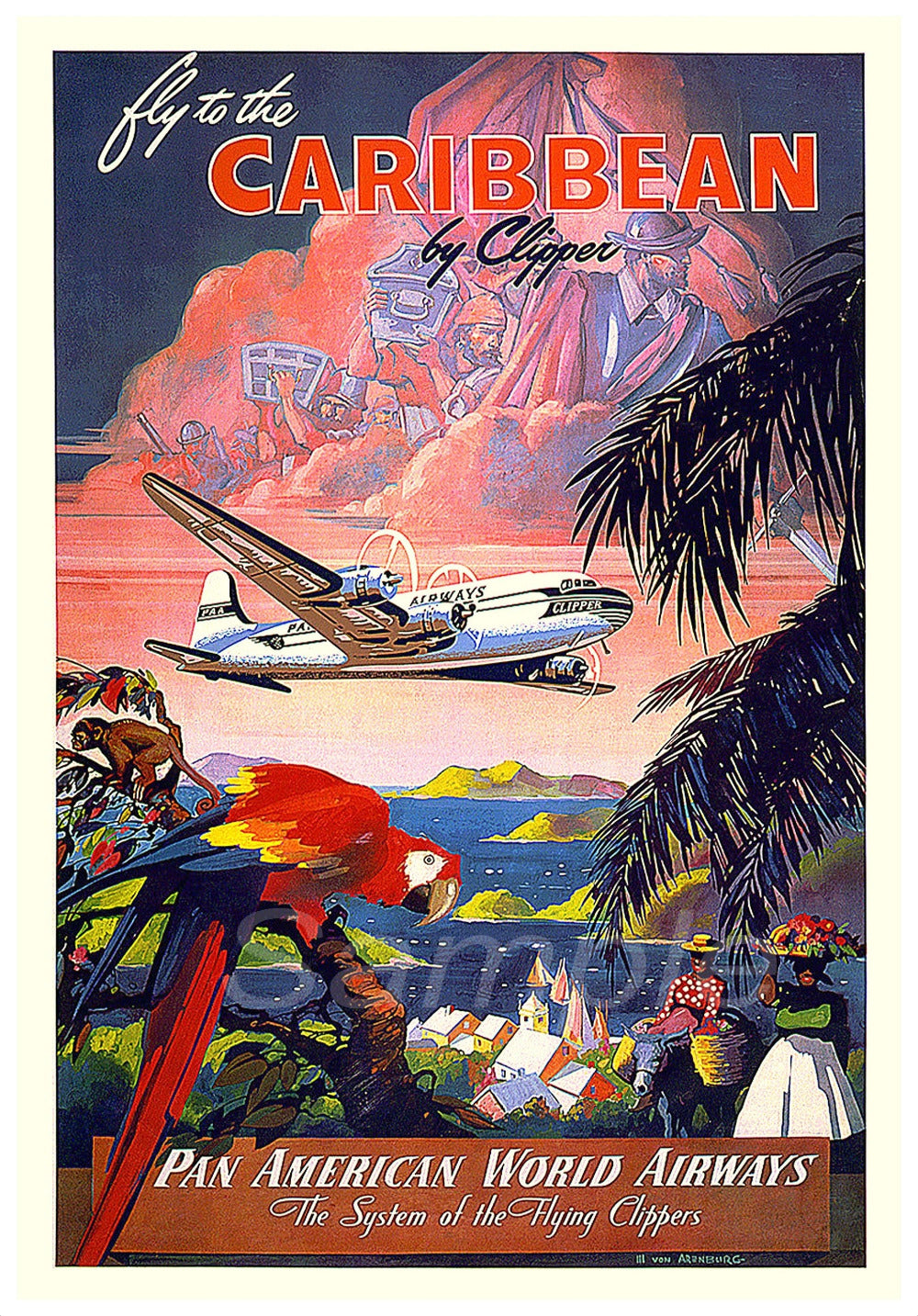 Vintage style travel poster featuring a Pan Am airplane with a tropical background, including palm trees and a colorful bird.