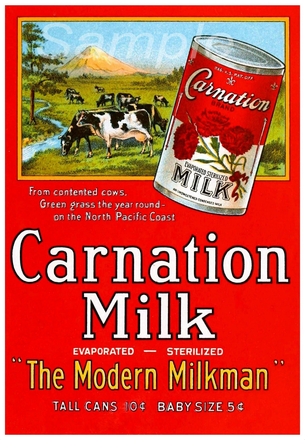 Vintage advertising poster for Carnation Milk featuring a red and white design with a canned milk product, green pasture, and a cow in the background.