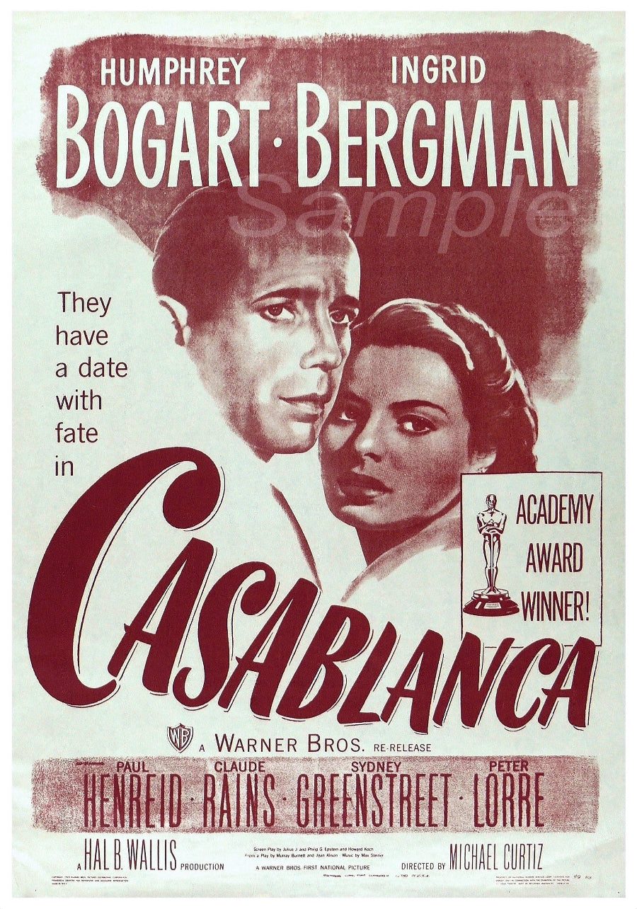 Vintage movie poster for 'Casablanca' featuring images of Humphrey Bogart and Ingrid Bergman with the title and award-winning status indicated.
