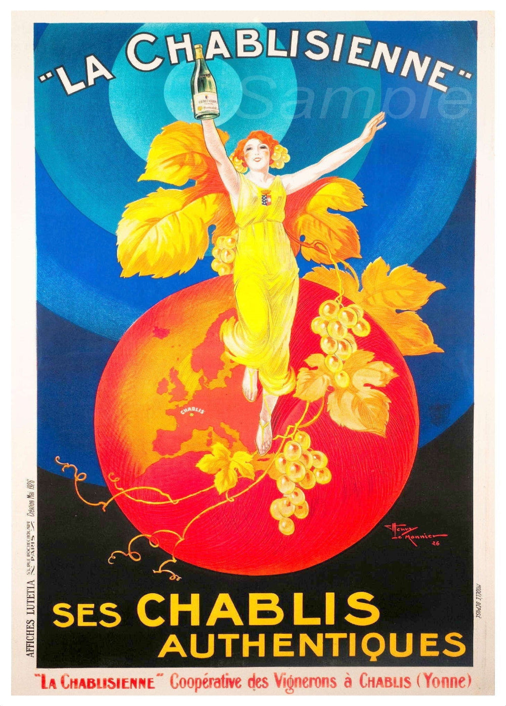 A vintage style poster of Chablis wine featuring a graphic with a woman, grapes, and a stylized sun.