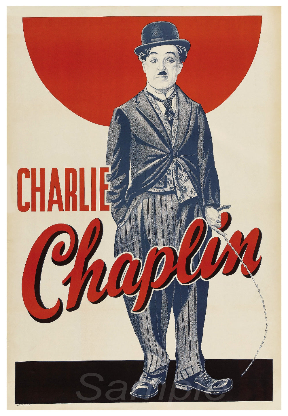 Vintage style movie poster featuring an illustration of Charlie Chaplin with a prominent red semi-circle in the background.