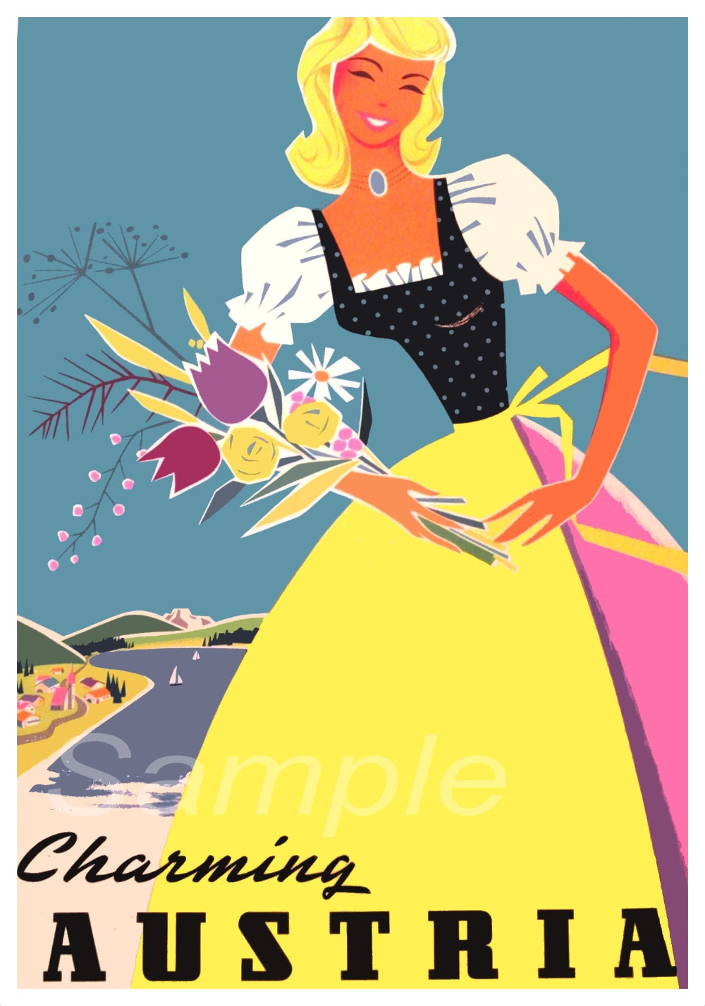 Vintage style travel poster featuring an illustration of a woman in an Austrian-themed outfit holding a bouquet of flowers, with a colorful backdrop depicting a scenic view of Austria.