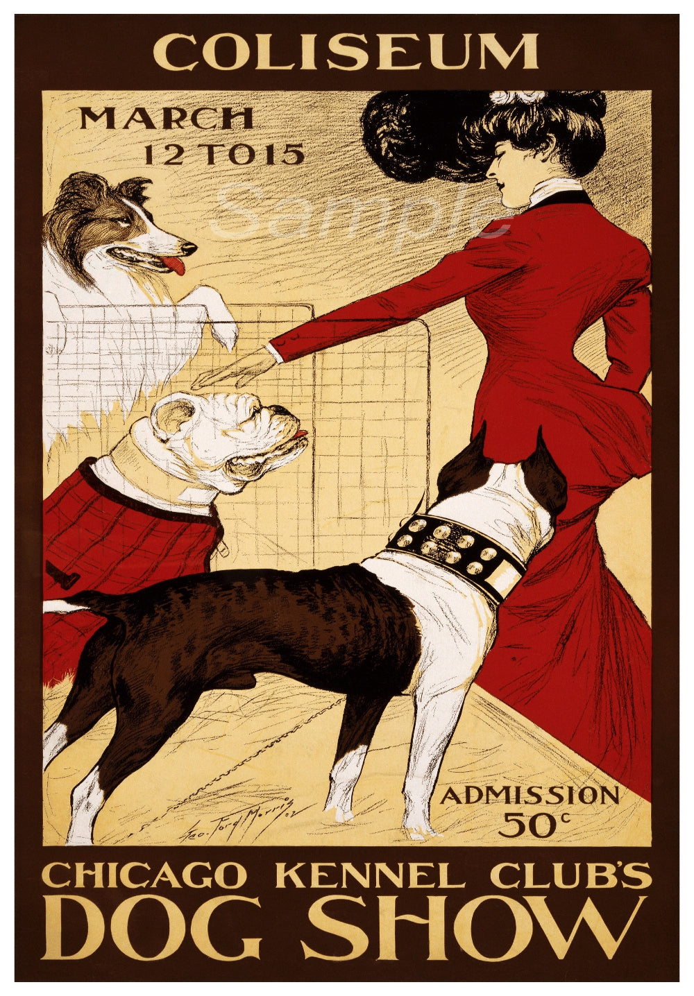 Vintage-style poster for a dog show featuring a woman and dogs, with 'Coliseum' and 'Chicago Kennel Club's Dog Show' text.