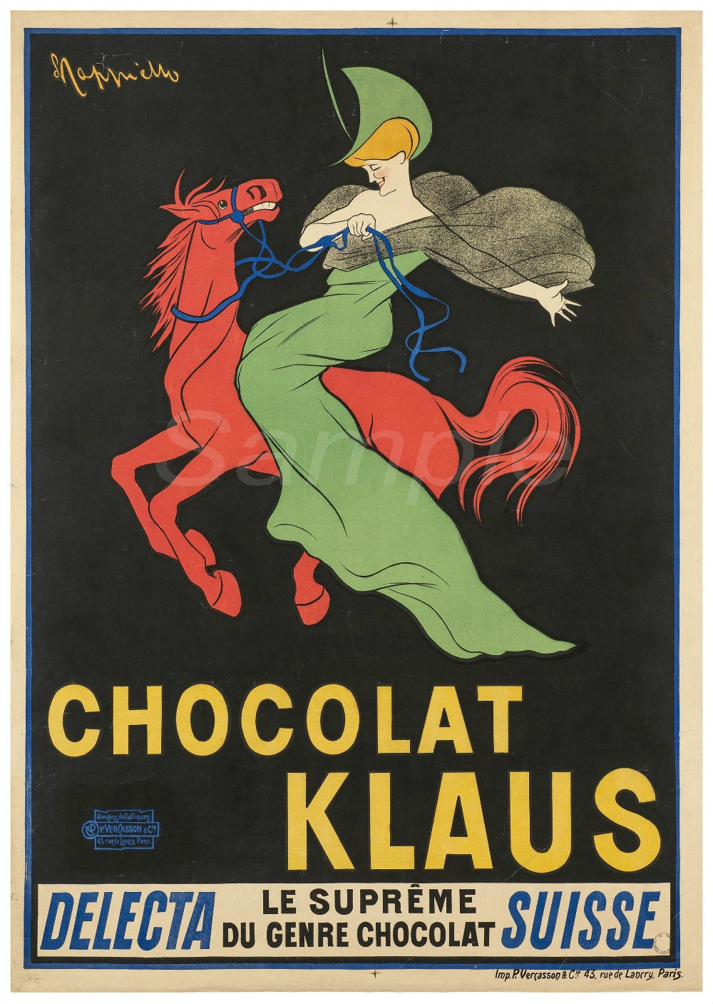 Vintage advertisement poster for Chocolat Klaus featuring a woman on a horse.