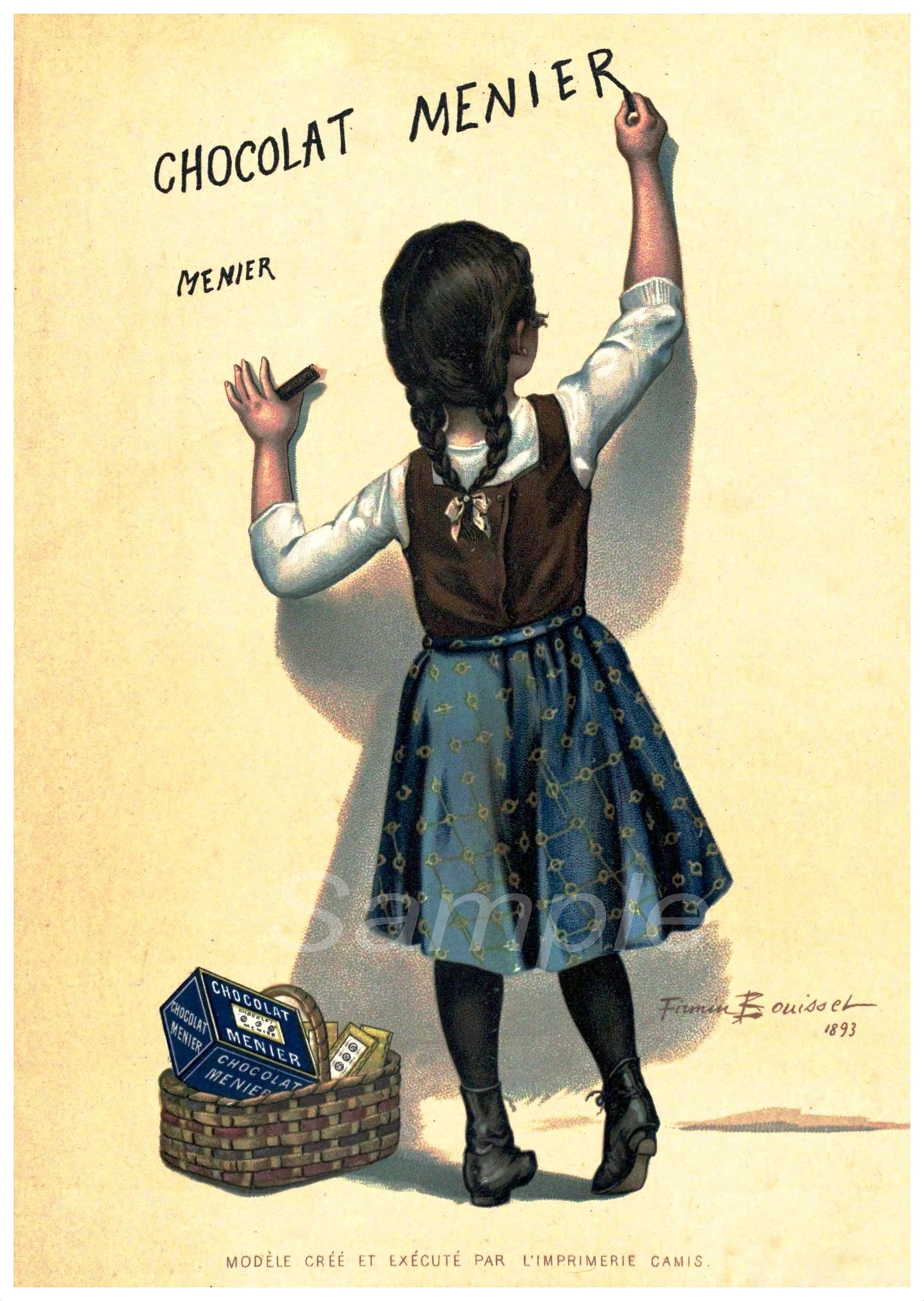 Vintage advertising poster print featuring a girl in a blue and white dress with a basket of chocolates, and the text 'Chocolat Menier'.