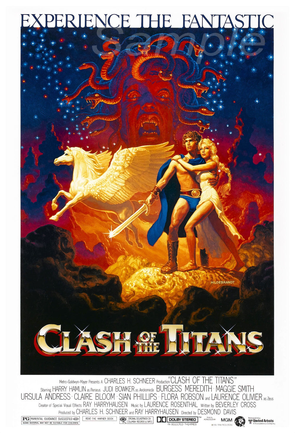 Vintage movie poster for 'Clash of the Titans' featuring a dramatic illustration of a character on horseback against a backdrop of a fiery sky with a large, fierce-looking creature in the foreground.