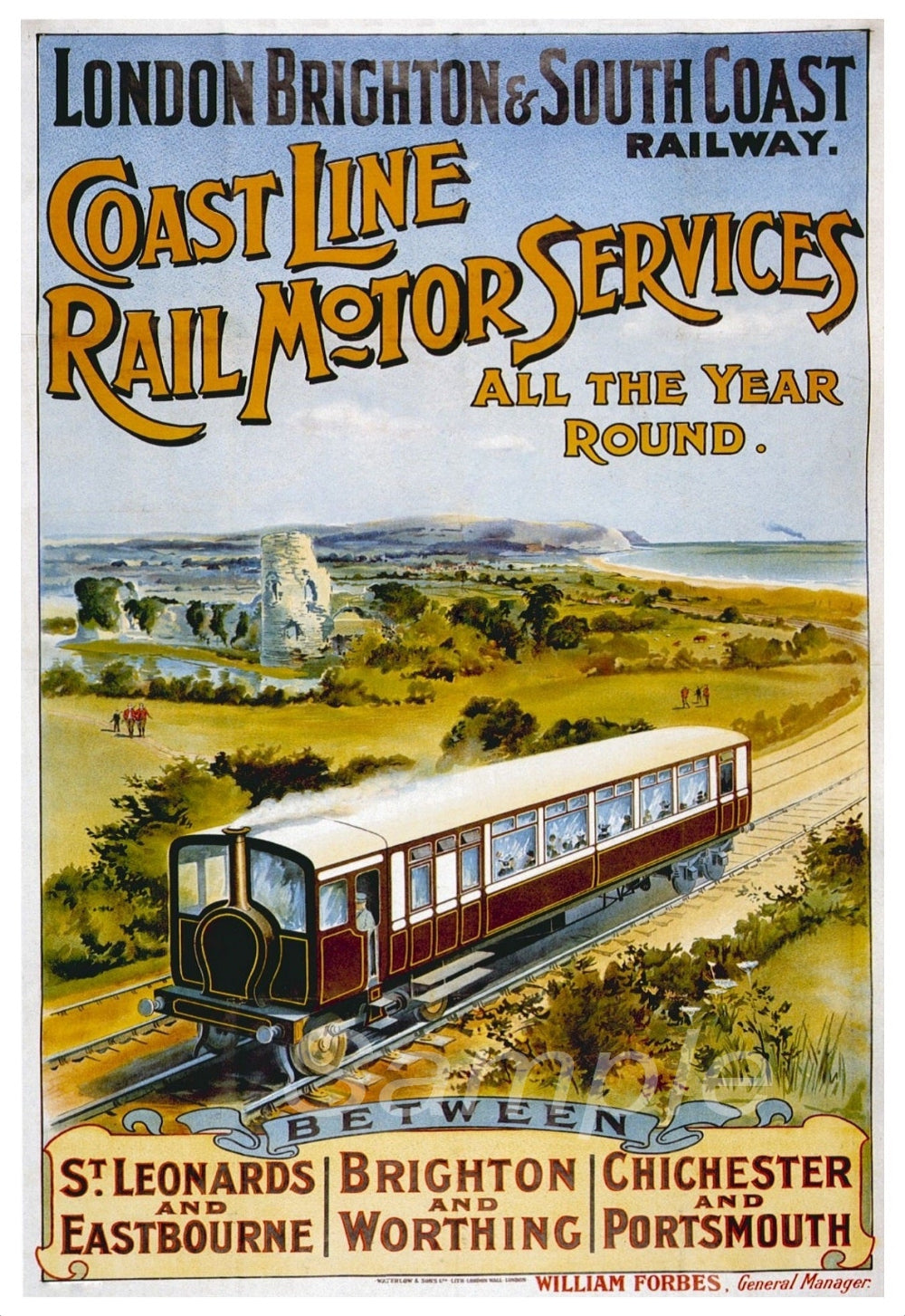 Vintage railway poster featuring a steam train on tracks with a scenic background, advertising 'Coastline Rail Motor Services' with text and place names along the bottom.