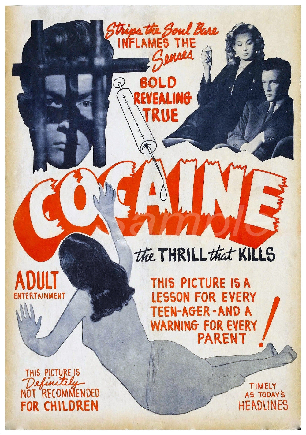 Vintage movie poster for 'Cocaine' with dramatic text and images of people.