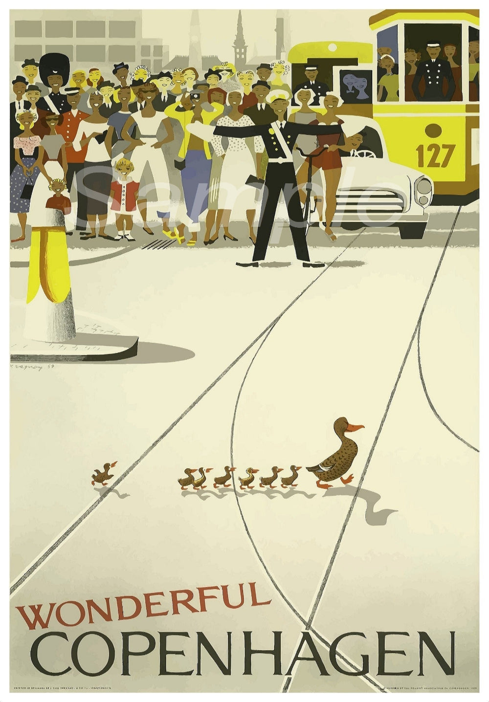 Illustration of a street scene in Copenhagen with people, a bus, and ducks.
