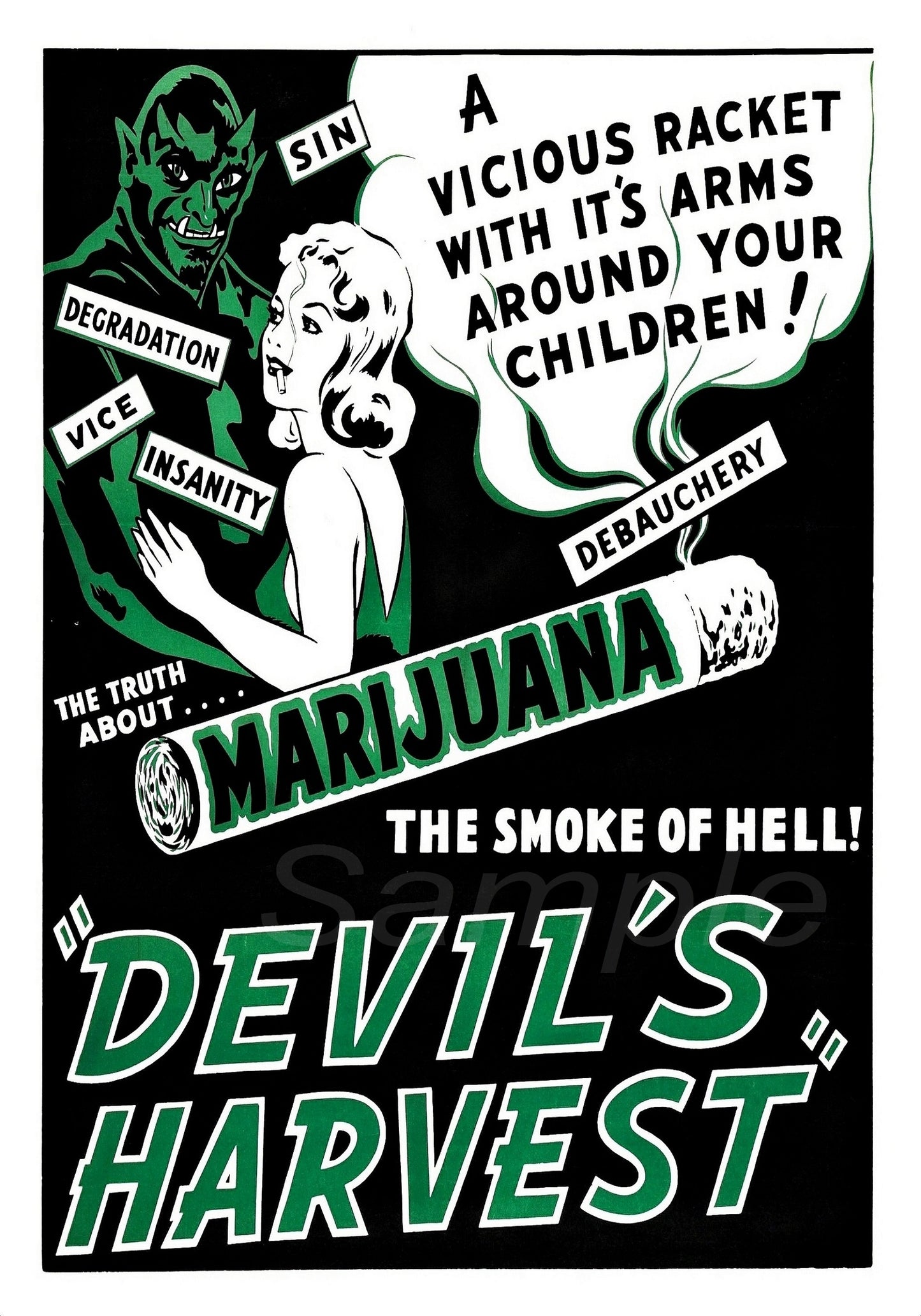 Vintage style movie poster featuring a cartoonish character with a pipe, surrounded by text that includes 'MARIJUANA', 'THE TRUTH', 'SIN', 'INSANITY', and 'DEATH', with a green and black color scheme.