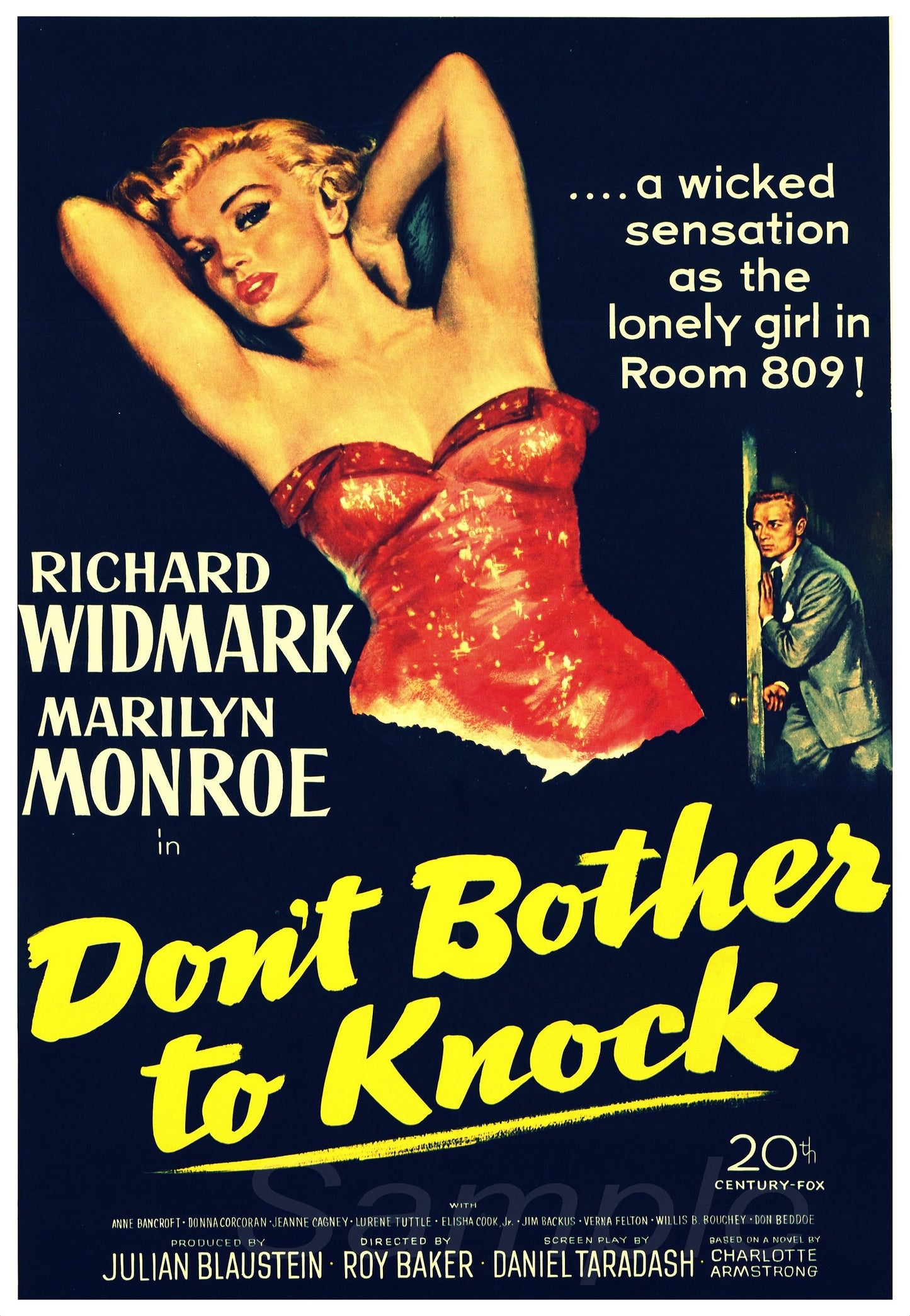 Vintage movie poster featuring Marilyn Monroe in a red dress with the title 'DON'T BOTHER TO KNOCK' above her. The poster has a widespread background and mentions the names of the actors in the film.
