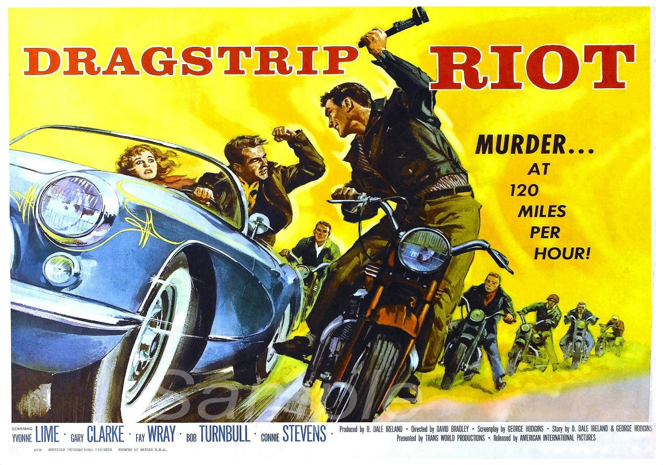 Movie poster for 'Dragstrip Riot' with a motorcycle and car on a yellow background