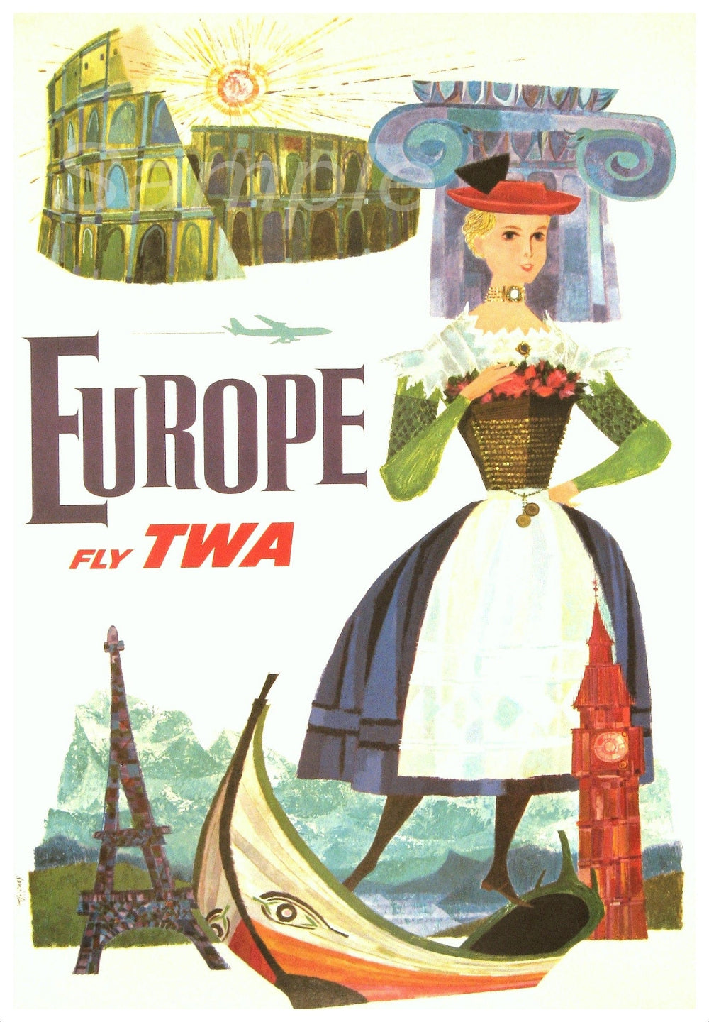 Vintage TWA travel poster featuring a woman in a dress with architectural landmarks and the Colosseum.