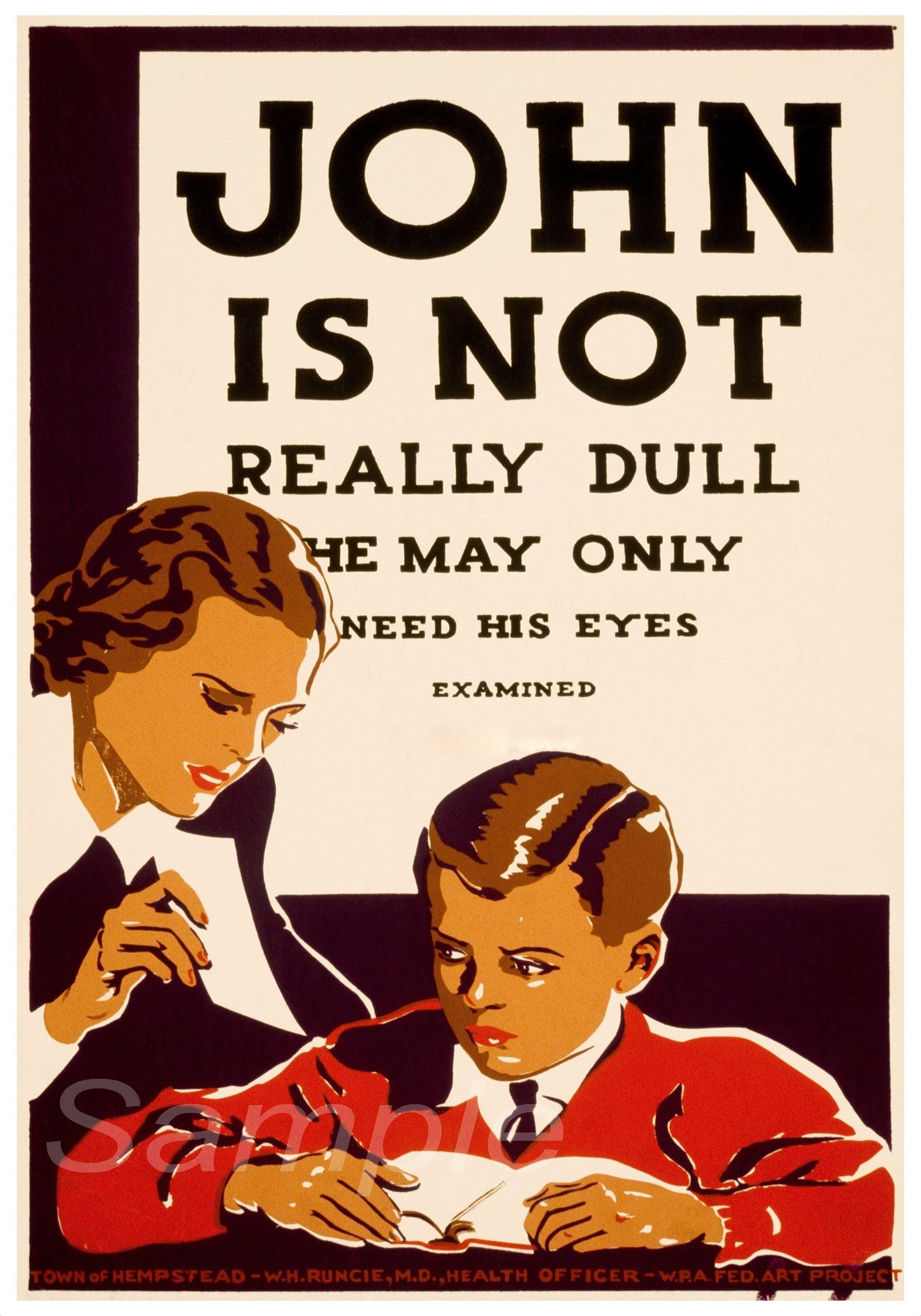 Vintage-style poster with a woman and boy reading, text about John not being dull.
