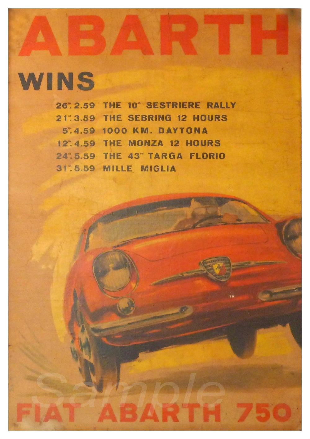 Vintage poster of Fiat Abarth 750 car with a red background, listing various car race wins.