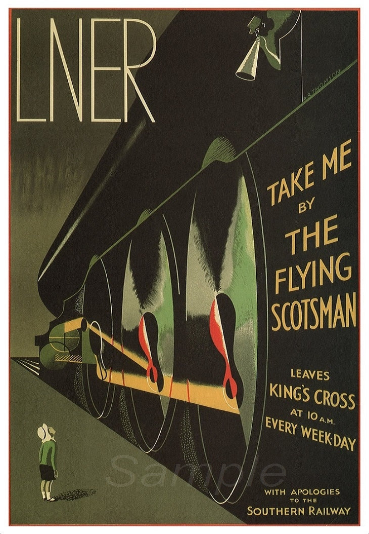 Vintage railway poster featuring the text 'LNER Take Me by the Flying Scotsman' with an image of the train and a person standing by the tracks.