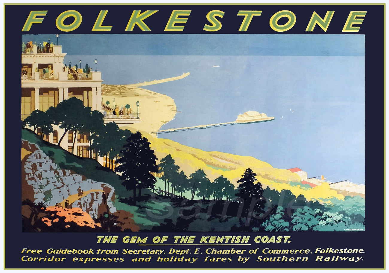 Vintage style Folkestone railway poster featuring an illustration of a town scene with trees, buildings, and a railway line.