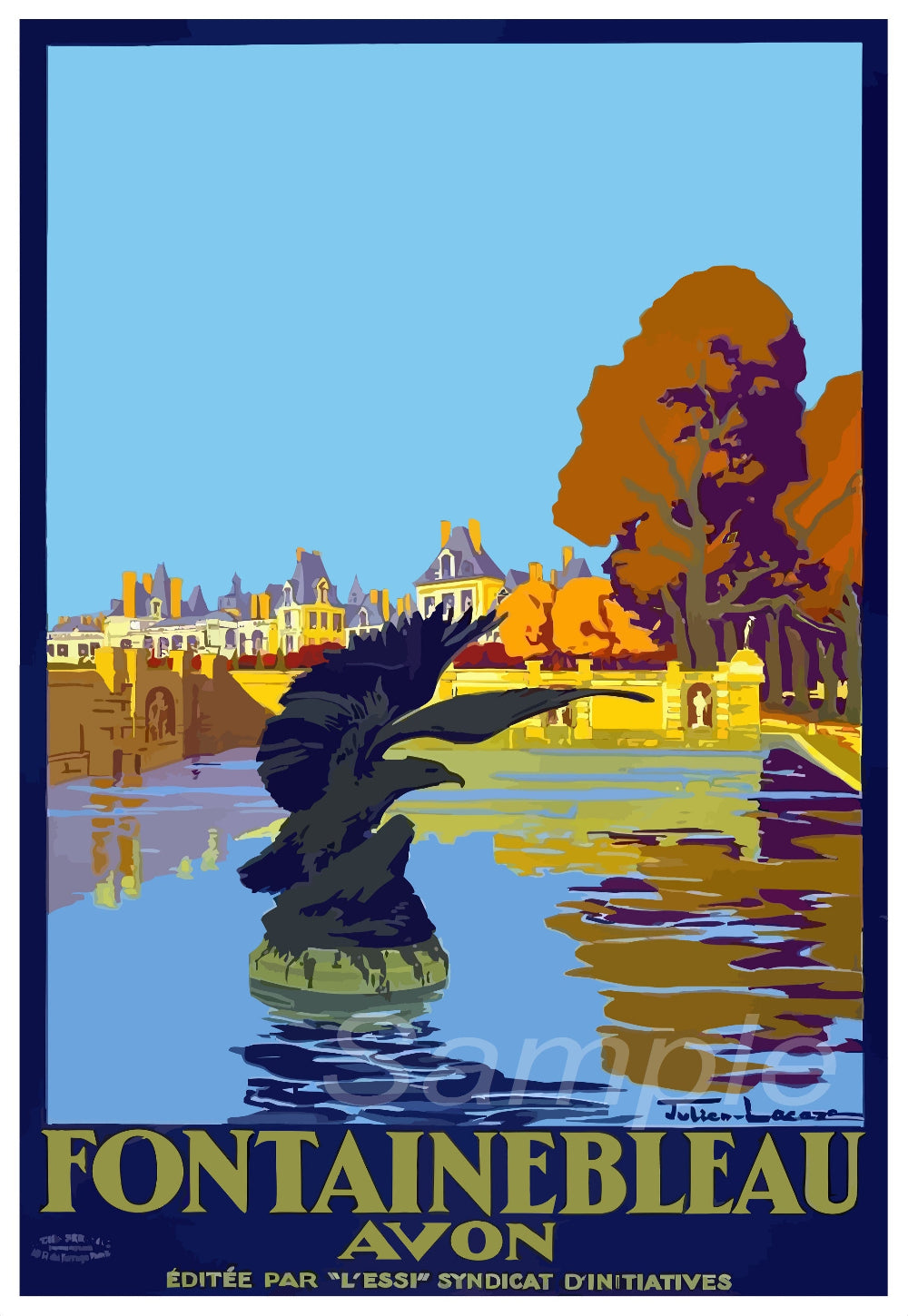 Vintage travel poster print featuring a bird and trees near a bridge, with 'Fontainebleau Avon' text.