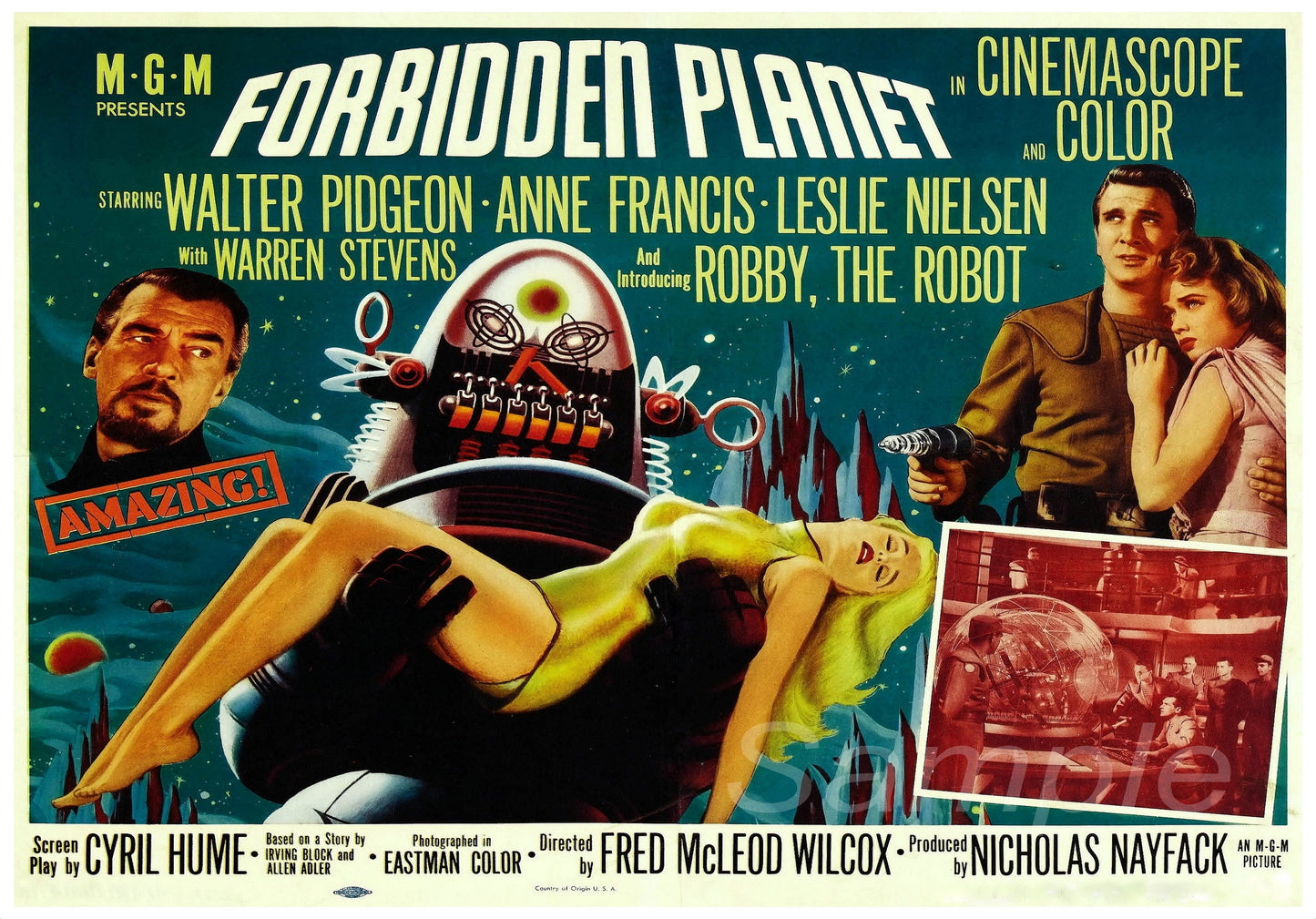 Vintage movie poster for 'Forbidden Planet' featuring an illustration of a human female with a robot, and portraits of the main actors. The poster includes the movie title, a tagline, and credits.