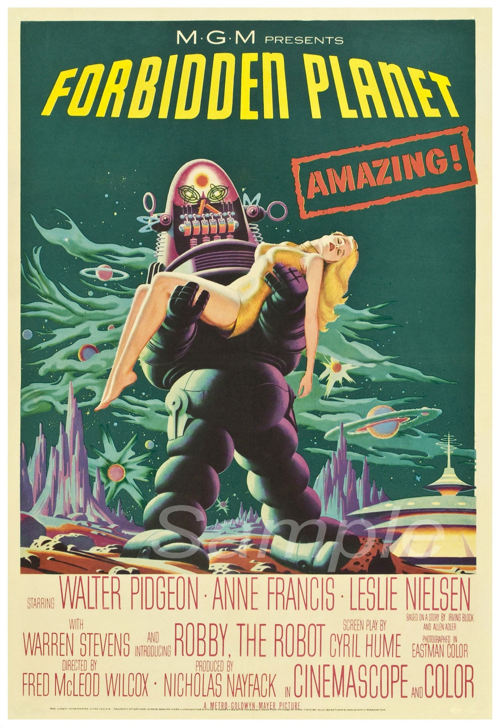 Vintage movie poster for 'Forbidden Planet' featuring a robot and a woman.