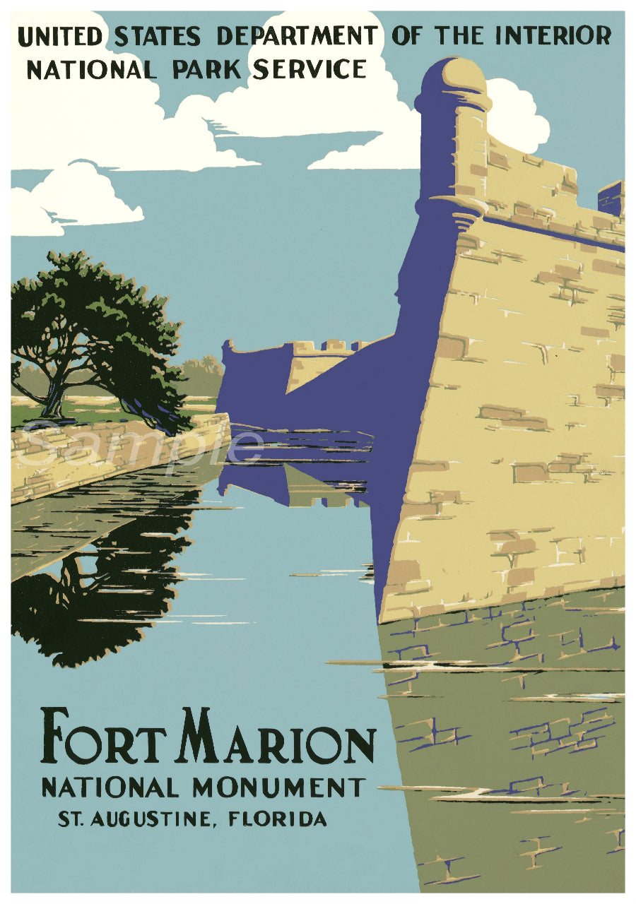 Vintage style travel poster featuring Fort Marion National Monument, St. Augustine, Florida, with a graphical representation of the fort and surrounding scenery.