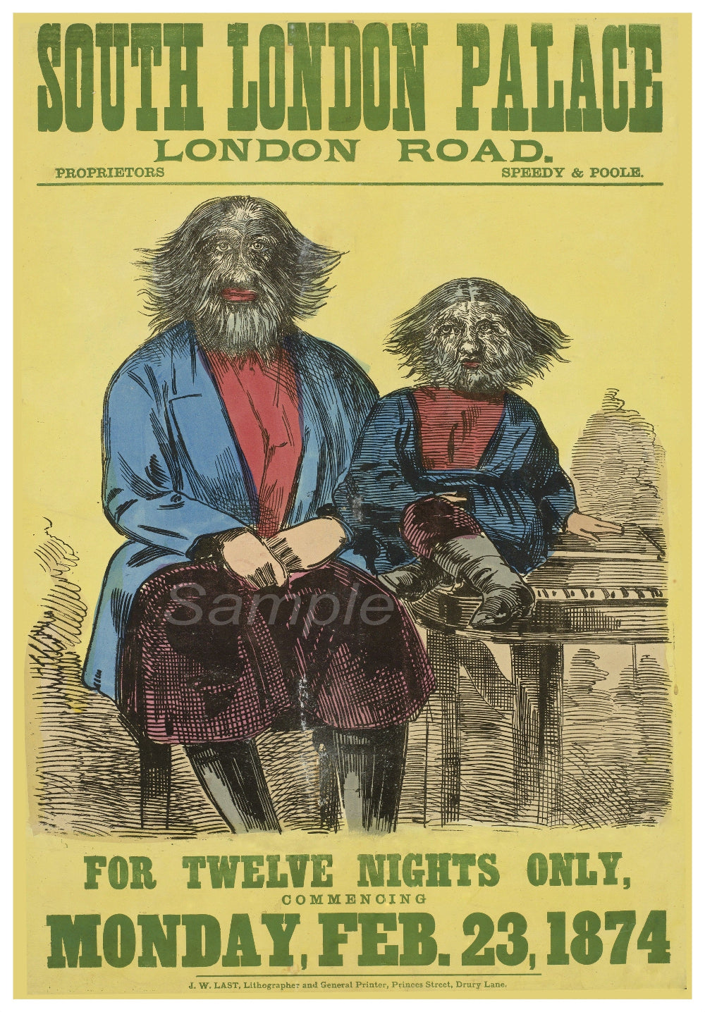 Vintage advertising poster featuring two cartoon characters resembling a man and a boy with big ears, set against a backdrop that reads 'South London Palace, London Road'. The date 'Feb 23 1874' is printed at the bottom.