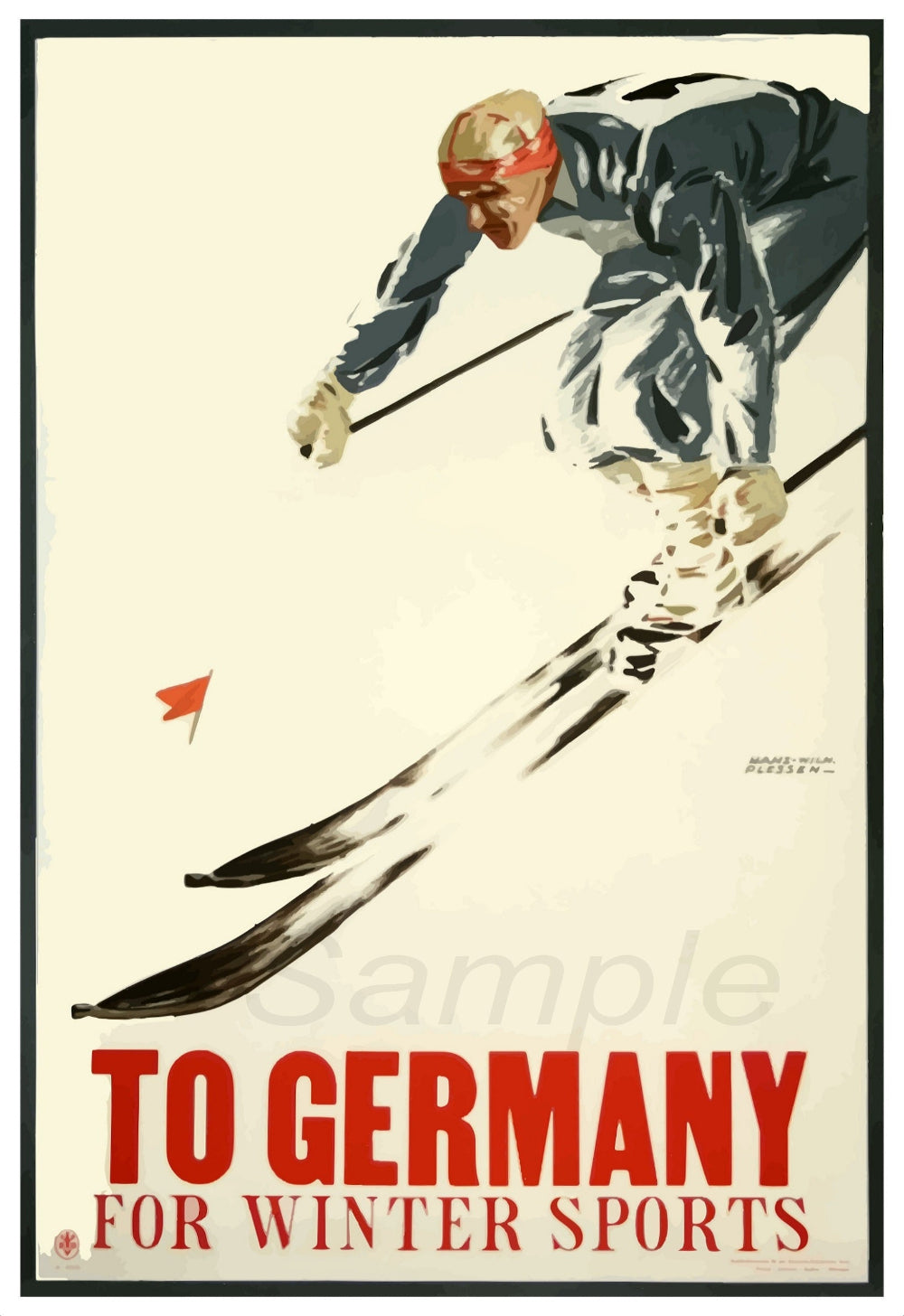 Vintage-style advertisement poster for winter sports in Germany featuring a skier.