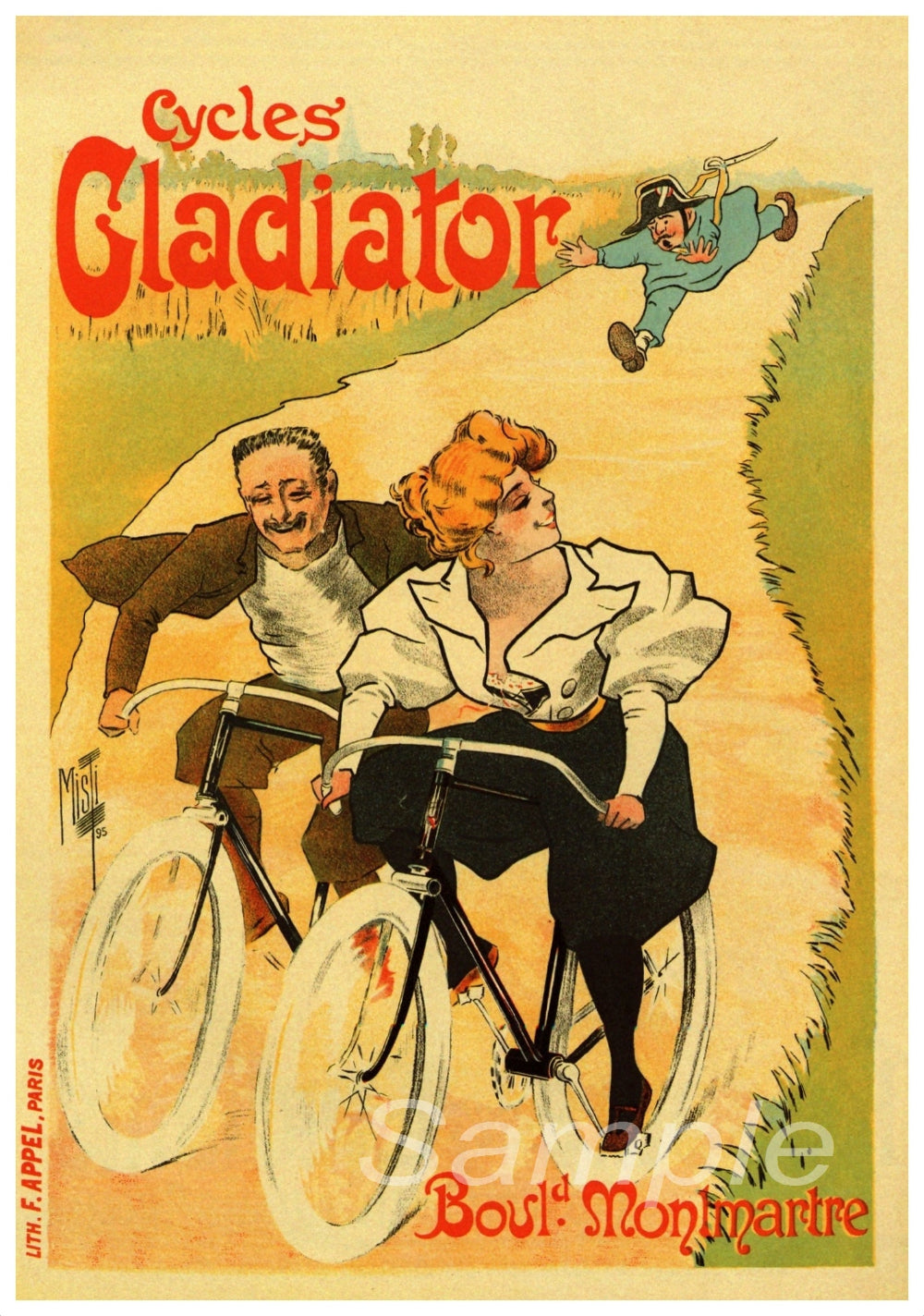 Vintage advertisement poster for Cycles Gladiator featuring a couple on bicycles.