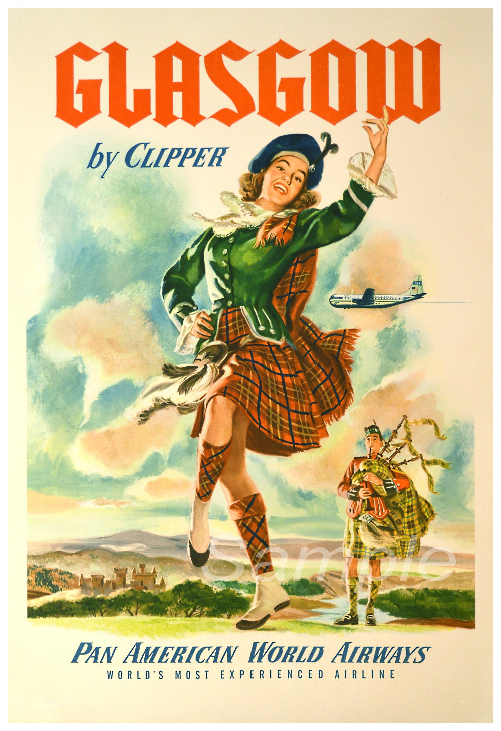 Vintage travel poster featuring a woman in a green kilt and a hat, holding a plaid, with an airplane in the background, and the text 'Glasgow by Clipper' and 'Pan American World Airways'.