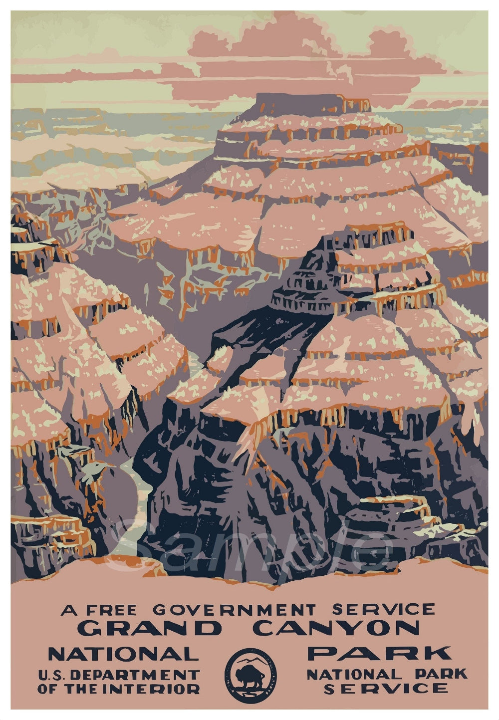 Vintage travel poster featuring a stylized, colorful print of a mountainous landscape with a title and text indicating it is a free government service from the National Park Service, U.S.