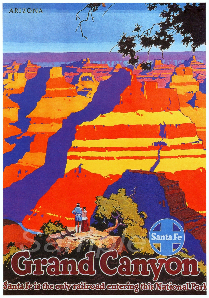Vintage-style advertisement for the Grand Canyon featuring Santa Fe Railway branding.