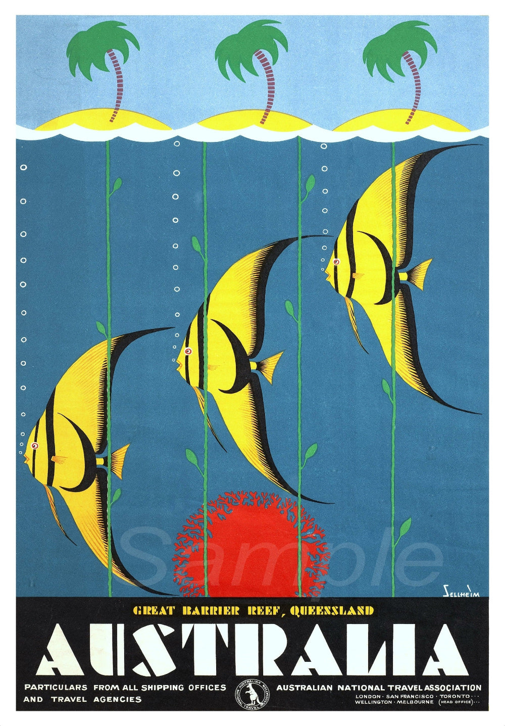 Vintage style travel poster featuring the Great Barrier Reef with a vibrant design including multicolored fish and a blue ocean background, with text and logo at the bottom.