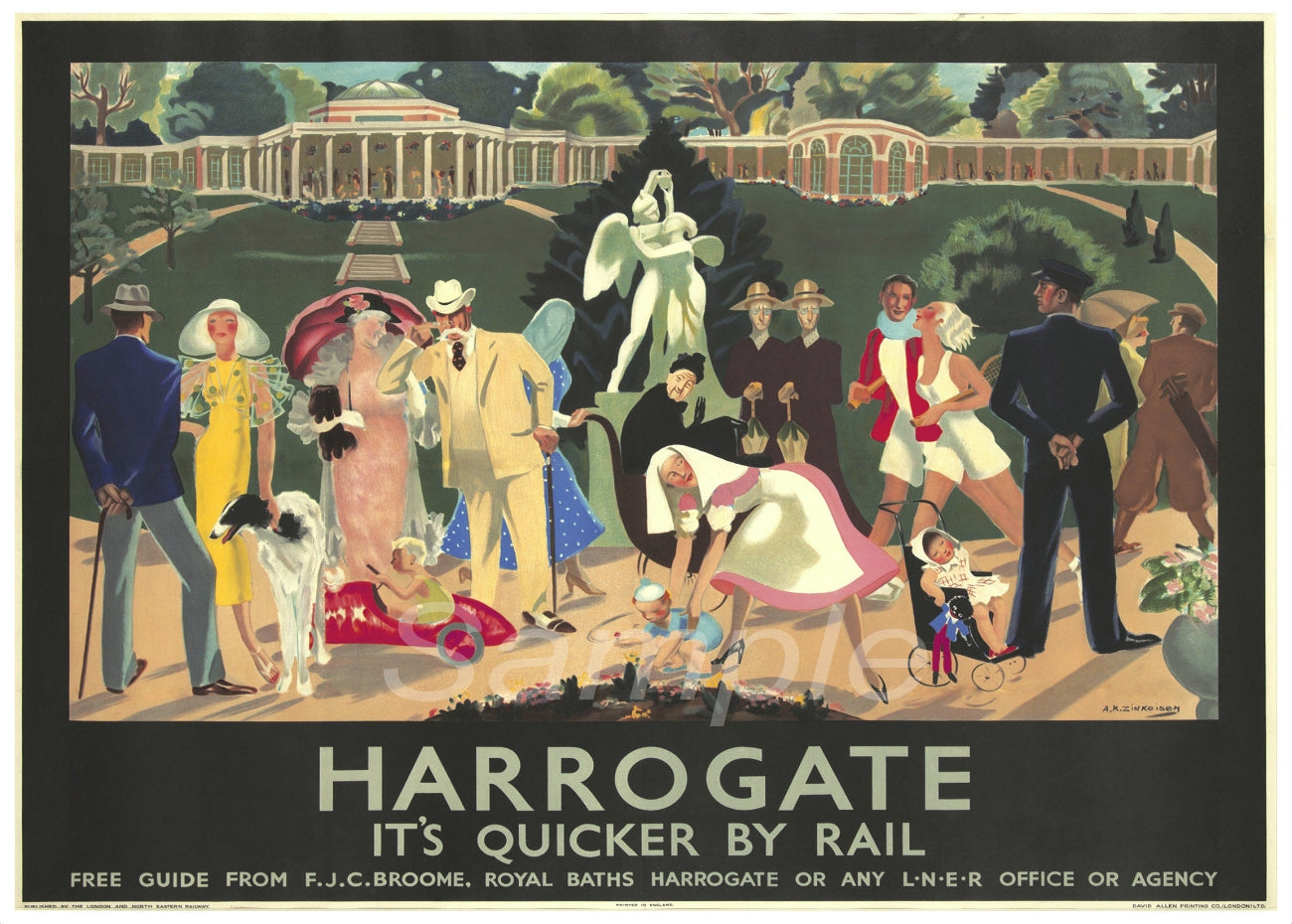 Vintage poster advertising Harrogate, showing a busy scene with people in a park-like setting.