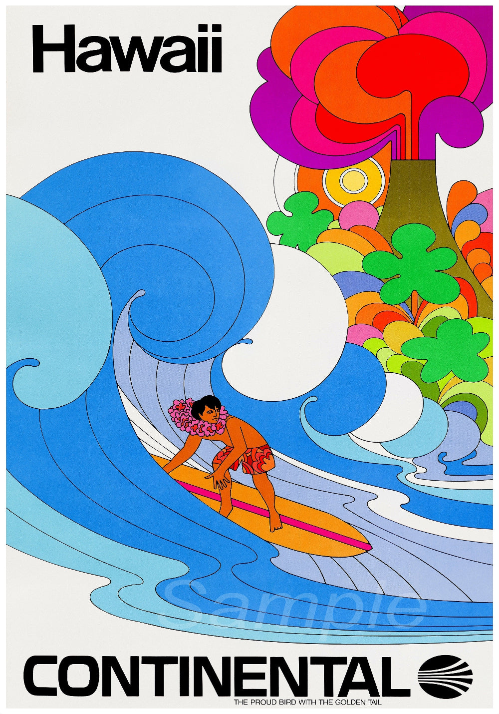 A vibrant vintage style travel poster featuring a surfer on a wave with a colorful sunset and trees in the background, and the text 'HAWAII' above.