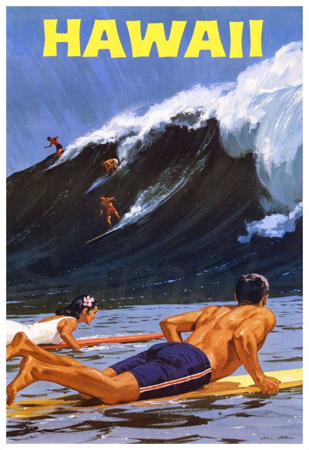Vintage style travel poster featuring a large wave with surfers, titled 'HAWAII' at the top