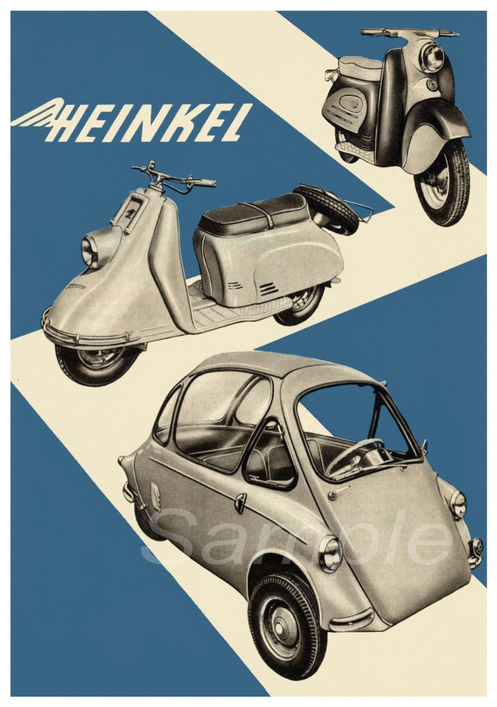 A vintage advertising poster featuring three Heinkel vehicles, including a scooter and a bubble car, against a blue and white geometric patterned background.