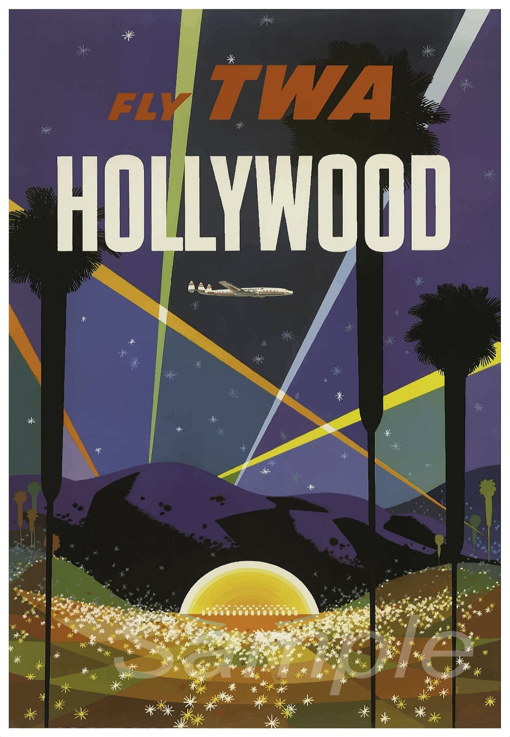 A vintage style travel poster depicting a night scene with palm trees, mountains, and a glowing city, titled 'Fly TWA Hollywood'.