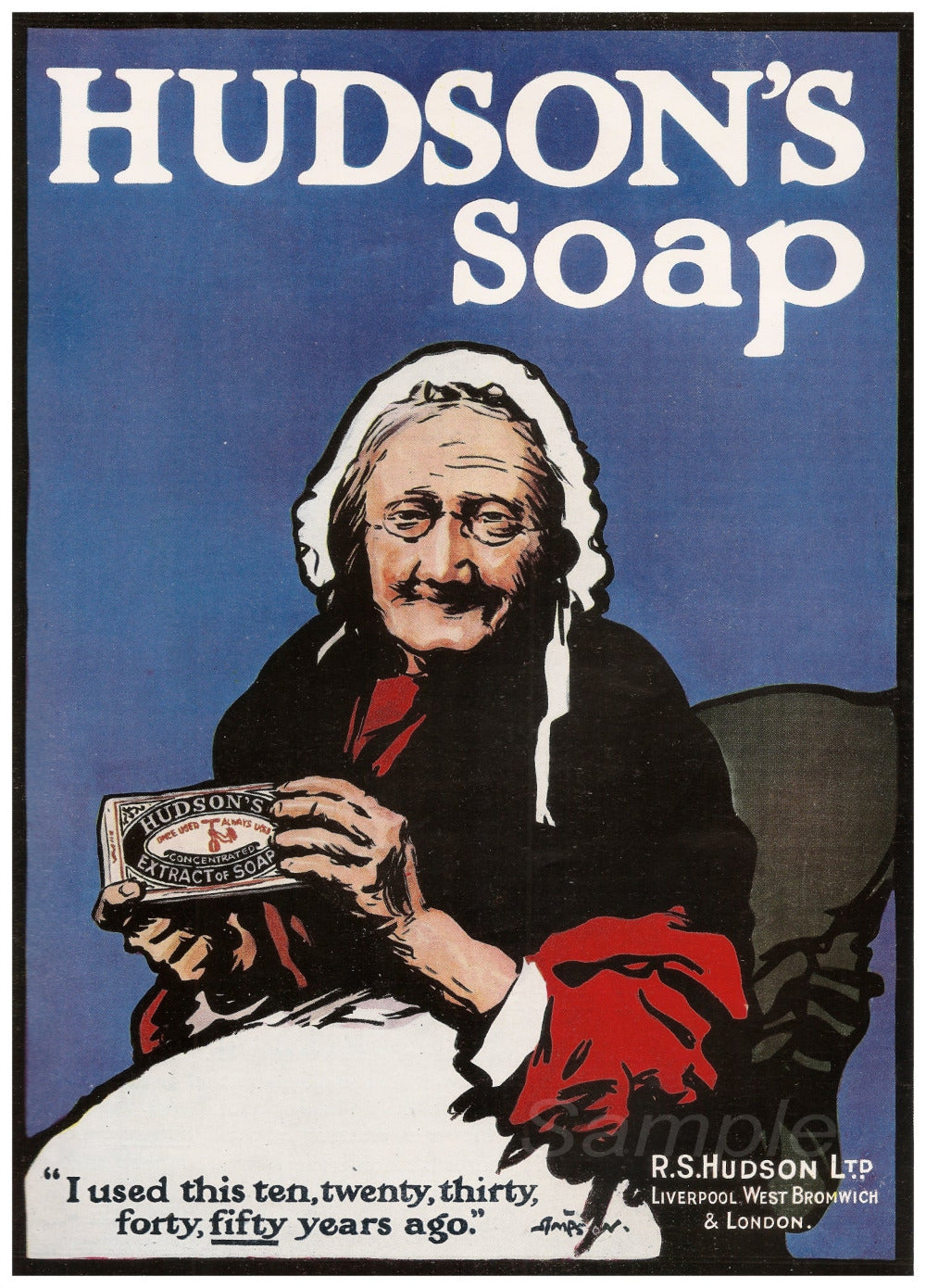 Vintage advertising poster print featuring an illustration of a woman holding a bar of soap, with the text 'Hudson's Soap' above her.