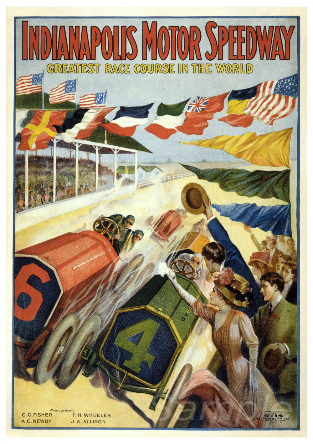 Vintage poster print featuring Indianapolis Motor Speedway with a vintage car race scene, various national flags, and spectators.